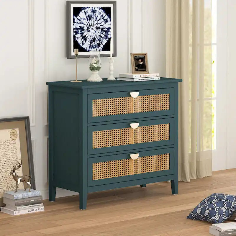 3-Drawer Bachelors Chest Cabinet with -Carved, Natural Rattan, American Furniture, Suitable for Bedroom, Living Room