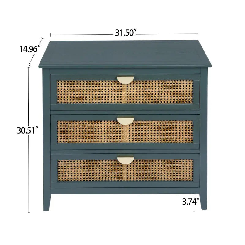 3-Drawer Bachelors Chest Cabinet with -Carved, Natural Rattan, American Furniture, Suitable for Bedroom, Living Room