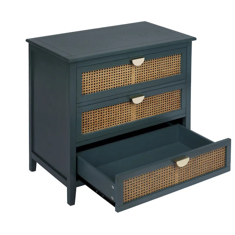 3-Drawer Bachelors Chest Cabinet with -Carved, Natural Rattan, American Furniture, Suitable for Bedroom, Living Room