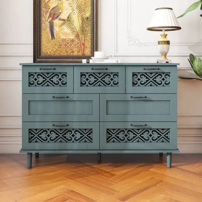 Retro Style 7-Drawer Horizontal Dresser with Carved Drawers Panel and Metal Handle for Bedroom, Living Room