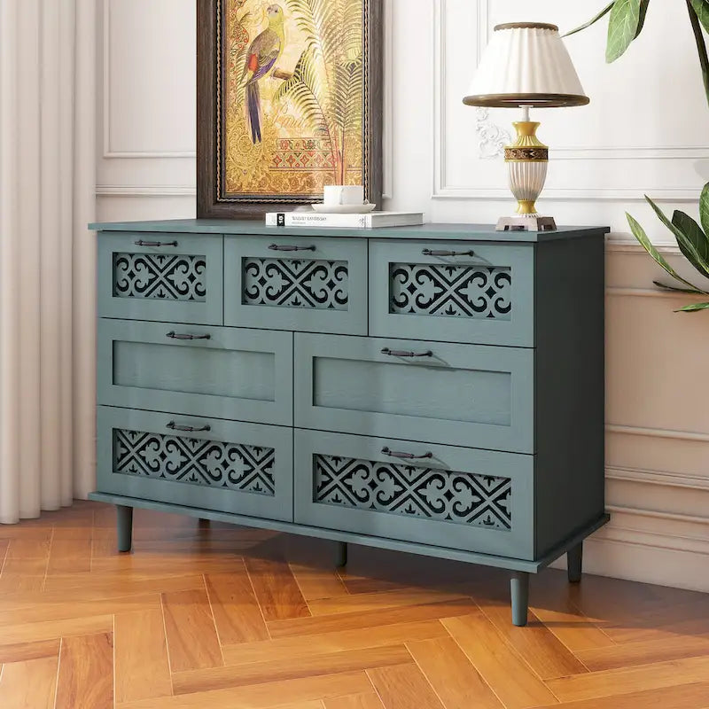 Retro Style 7-Drawer Horizontal Dresser with Carved Drawers Panel and Metal Handle for Bedroom, Living Room