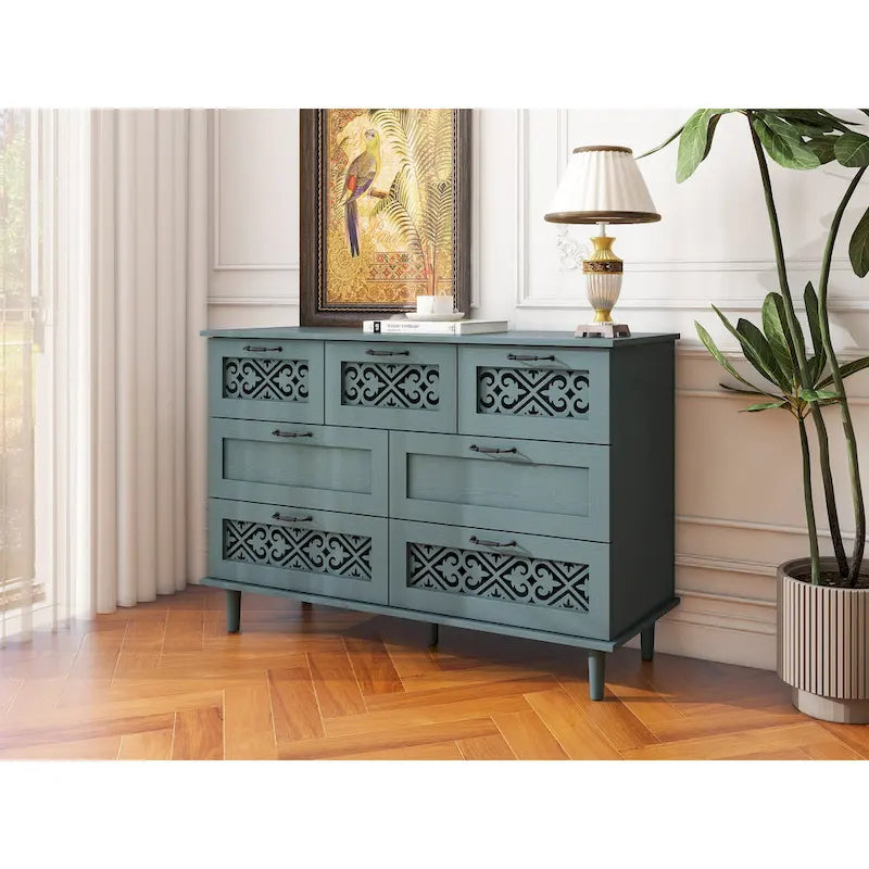 Retro Style 7-Drawer Horizontal Dresser with Carved Drawers Panel and Metal Handle for Bedroom, Living Room