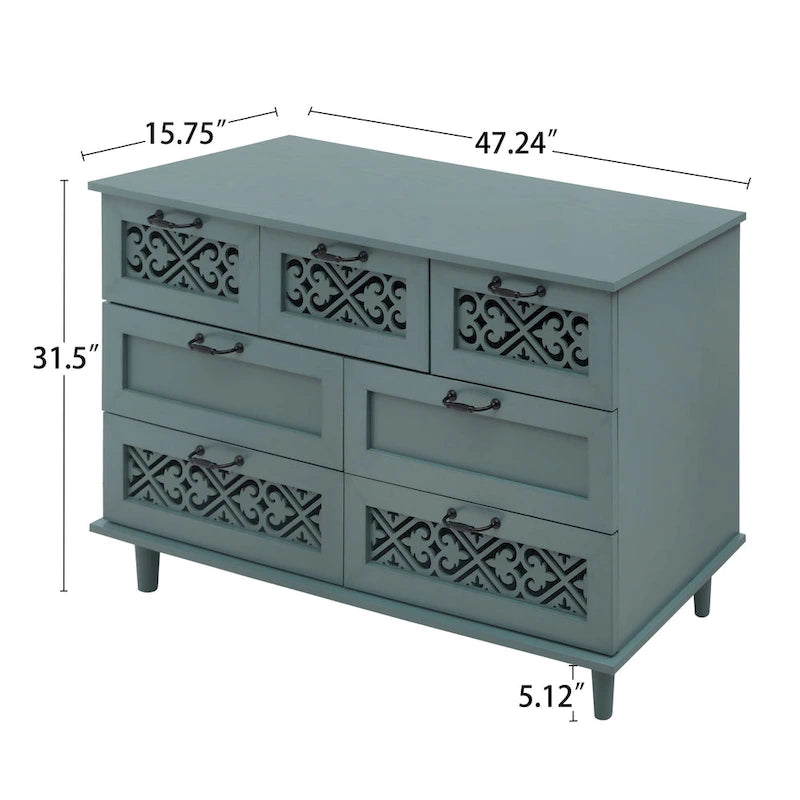 Retro Style 7-Drawer Horizontal Dresser with Carved Drawers Panel and Metal Handle for Bedroom, Living Room