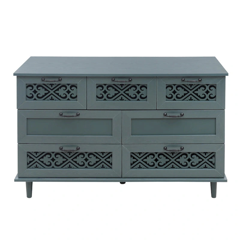 Retro Style 7-Drawer Horizontal Dresser with Carved Drawers Panel and Metal Handle for Bedroom, Living Room