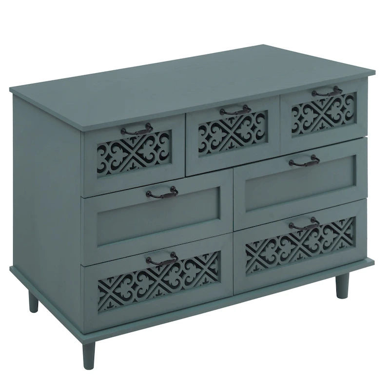 Retro Style 7-Drawer Horizontal Dresser with Carved Drawers Panel and Metal Handle for Bedroom, Living Room