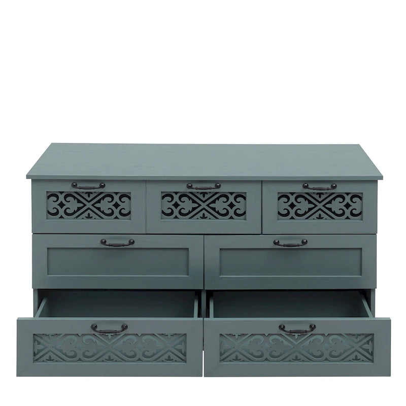 Retro Style 7-Drawer Horizontal Dresser with Carved Drawers Panel and Metal Handle for Bedroom, Living Room