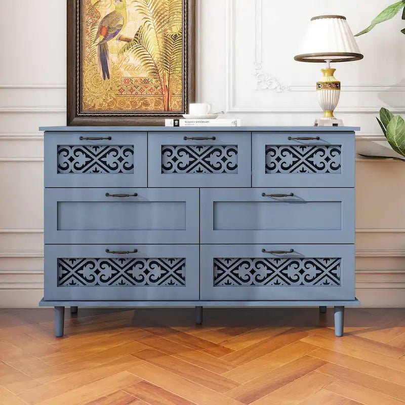 Retro Style 7-Drawer Horizontal Dresser with Carved Drawers Panel and Metal Handle for Bedroom, Living Room