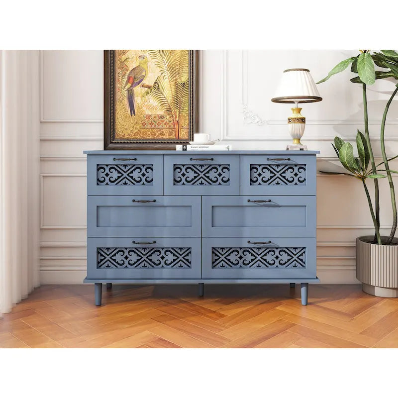 Retro Style 7-Drawer Horizontal Dresser with Carved Drawers Panel and Metal Handle for Bedroom, Living Room