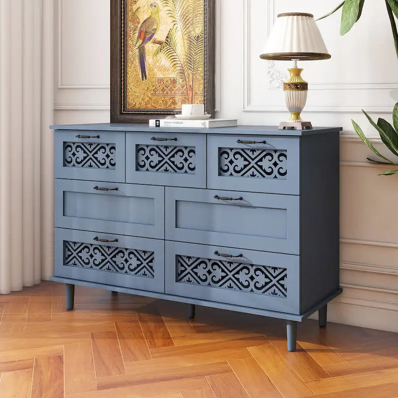 Retro Style 7-Drawer Horizontal Dresser with Carved Drawers Panel and Metal Handle for Bedroom, Living Room