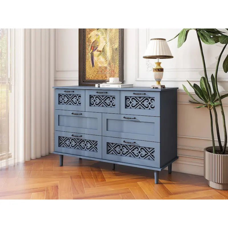 Retro Style 7-Drawer Horizontal Dresser with Carved Drawers Panel and Metal Handle for Bedroom, Living Room