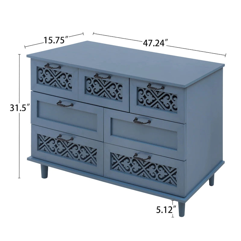 Retro Style 7-Drawer Horizontal Dresser with Carved Drawers Panel and Metal Handle for Bedroom, Living Room