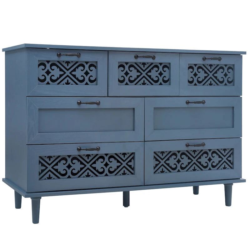 Retro Style 7-Drawer Horizontal Dresser with Carved Drawers Panel and Metal Handle for Bedroom, Living Room