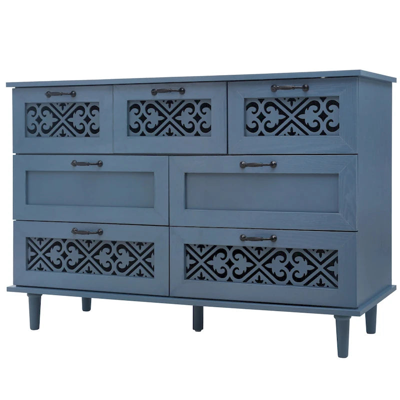 Retro Style 7-Drawer Horizontal Dresser with Carved Drawers Panel and Metal Handle for Bedroom, Living Room