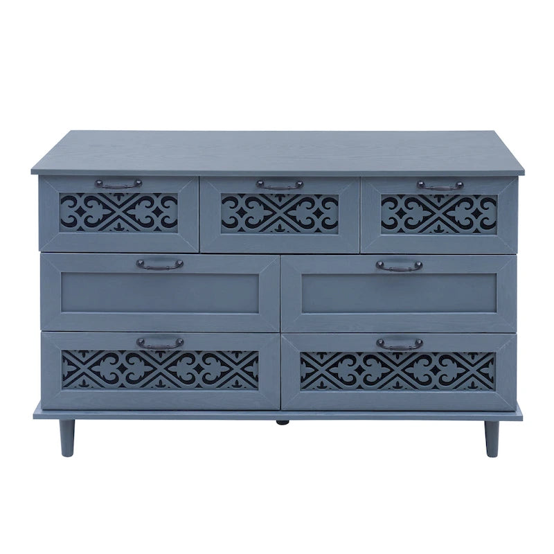 Retro Style 7-Drawer Horizontal Dresser with Carved Drawers Panel and Metal Handle for Bedroom, Living Room