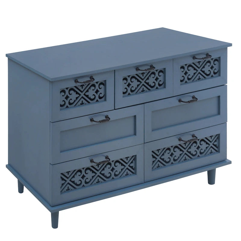 Retro Style 7-Drawer Horizontal Dresser with Carved Drawers Panel and Metal Handle for Bedroom, Living Room