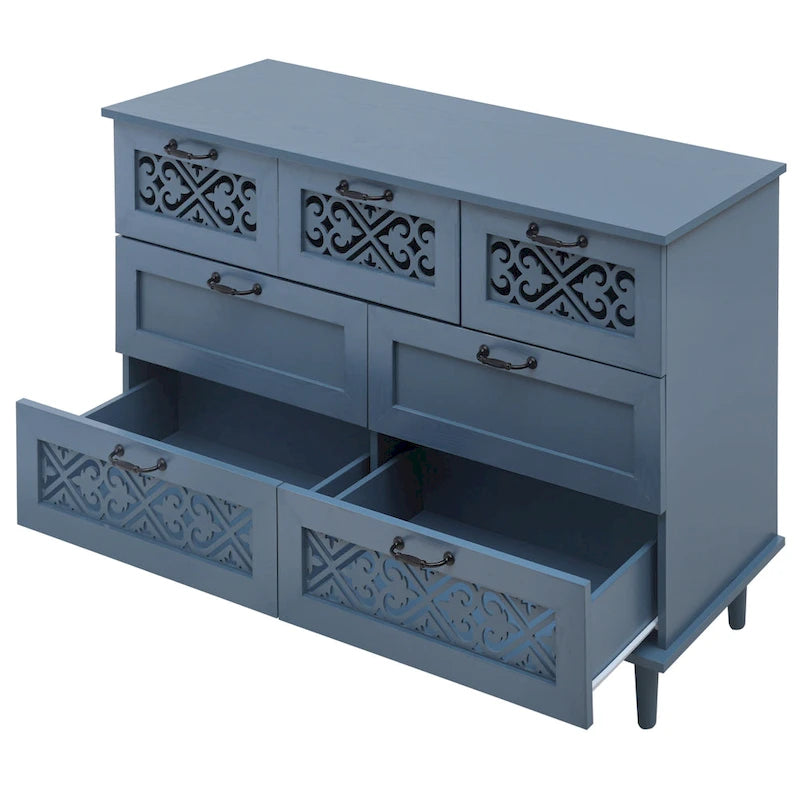Retro Style 7-Drawer Horizontal Dresser with Carved Drawers Panel and Metal Handle for Bedroom, Living Room