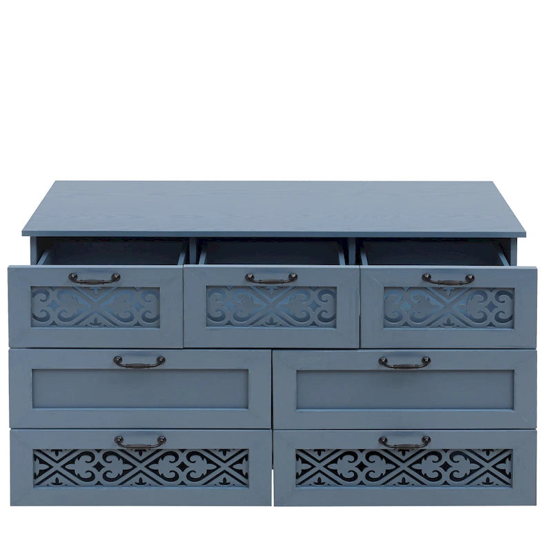 Retro Style 7-Drawer Horizontal Dresser with Carved Drawers Panel and Metal Handle for Bedroom, Living Room