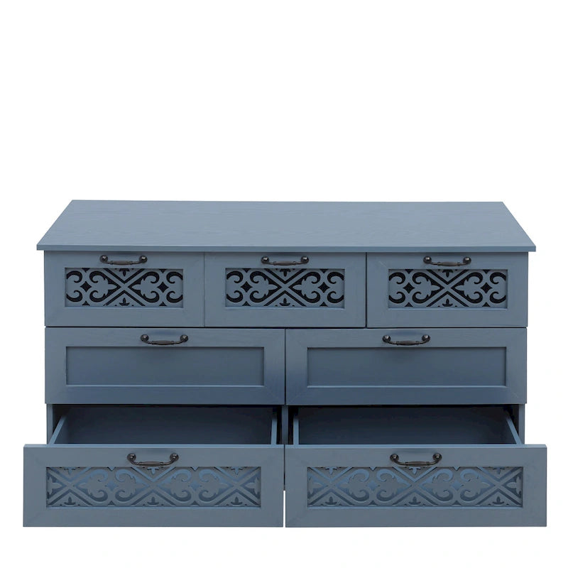 Retro Style 7-Drawer Horizontal Dresser with Carved Drawers Panel and Metal Handle for Bedroom, Living Room