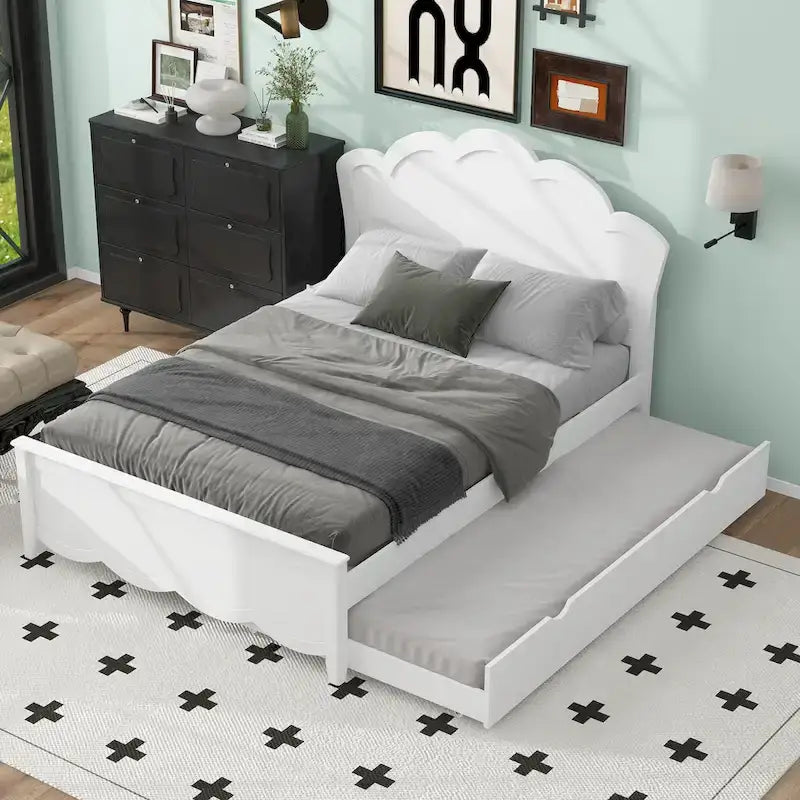 White Full Size Modern Wood Platform Bed with Headboard & Twin Trundle