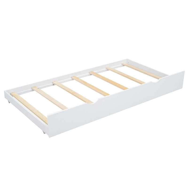White Full Size Modern Wood Platform Bed with Headboard & Twin Trundle