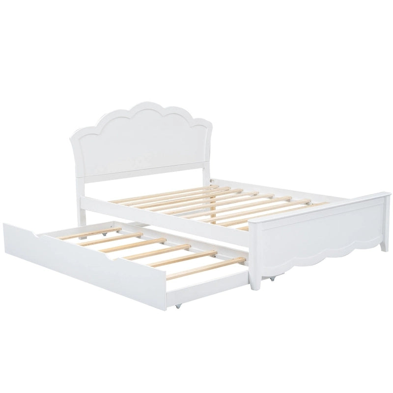 White Full Size Modern Wood Platform Bed with Headboard & Twin Trundle
