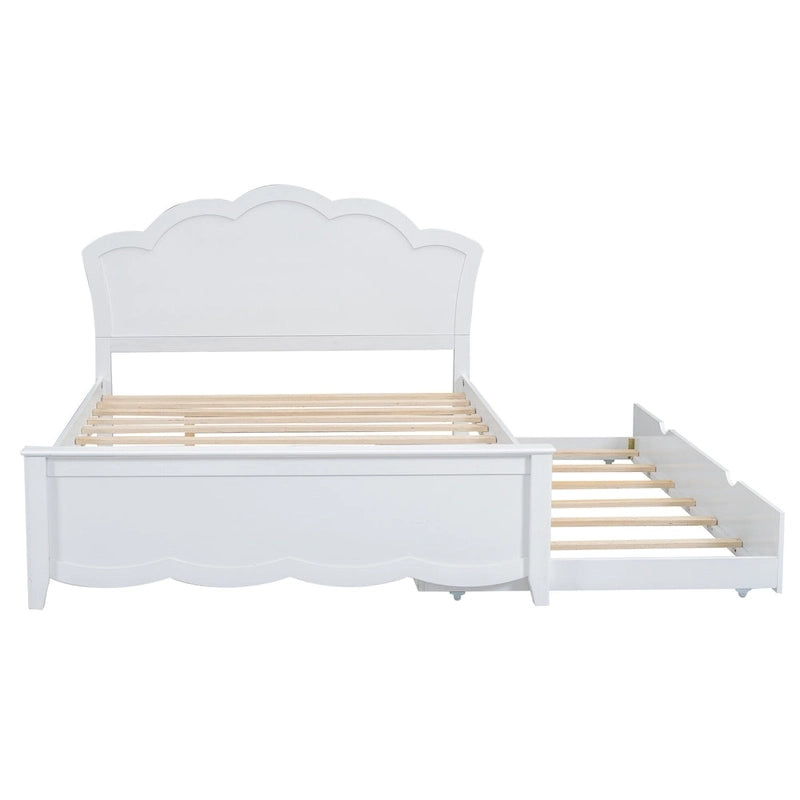 White Full Size Modern Wood Platform Bed with Headboard & Twin Trundle