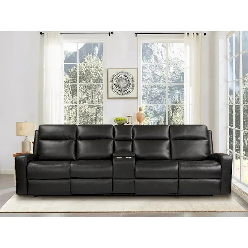 Leather Power Reclining 4-Seat Sofa for Living Room with Console, USB Port, Adjustable Headrest
