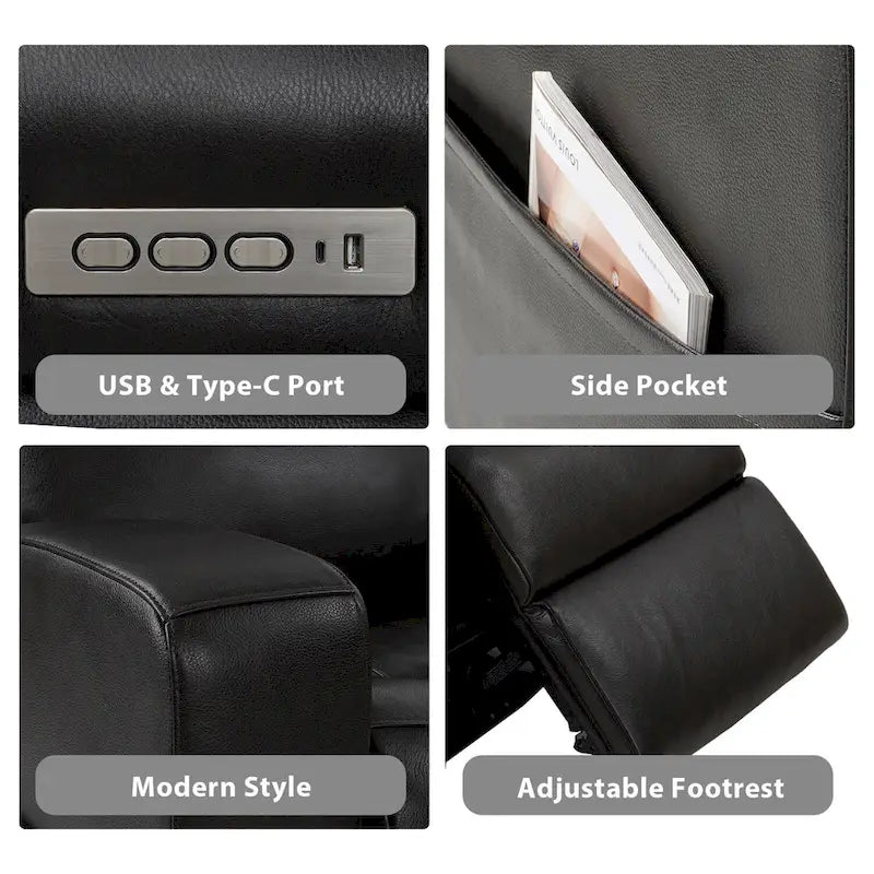 Leather Power Reclining 4-Seat Sofa for Living Room with Console, USB Port, Adjustable Headrest