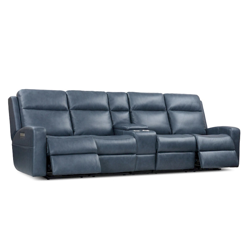 Leather Power Reclining 4-Seat Sofa for Living Room with Console, USB Port, Adjustable Headrest