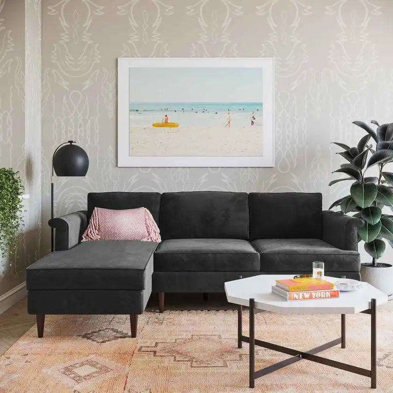Velvet Sectional Sofa with Rolled Arms