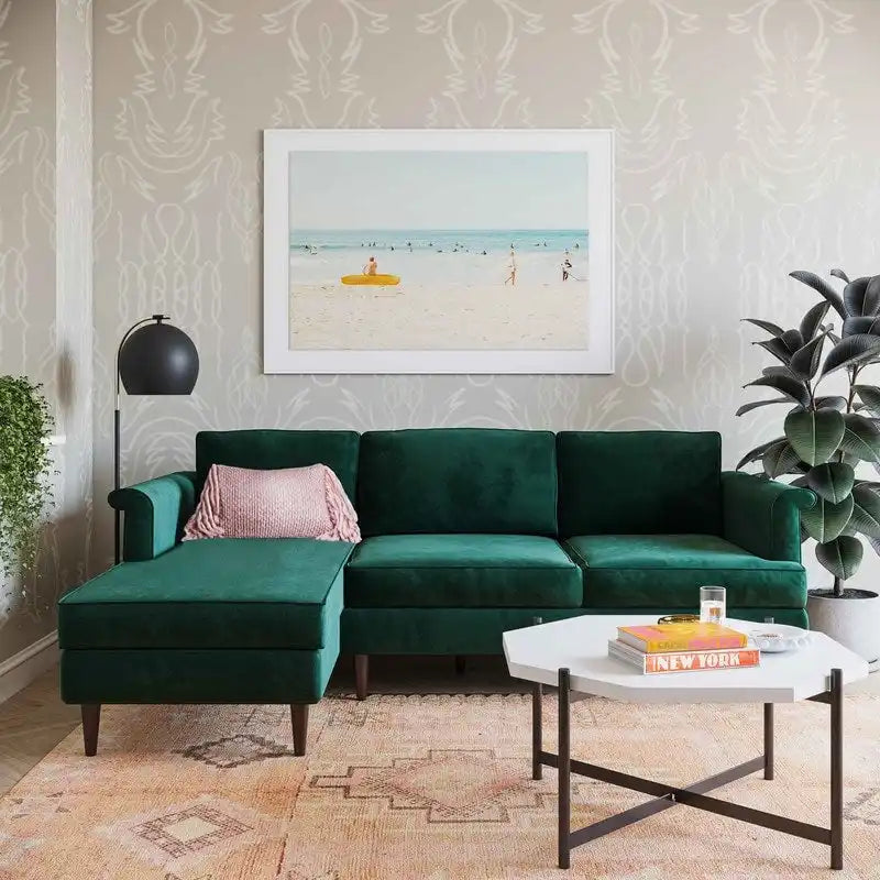 Velvet Sectional Sofa with Rolled Arms