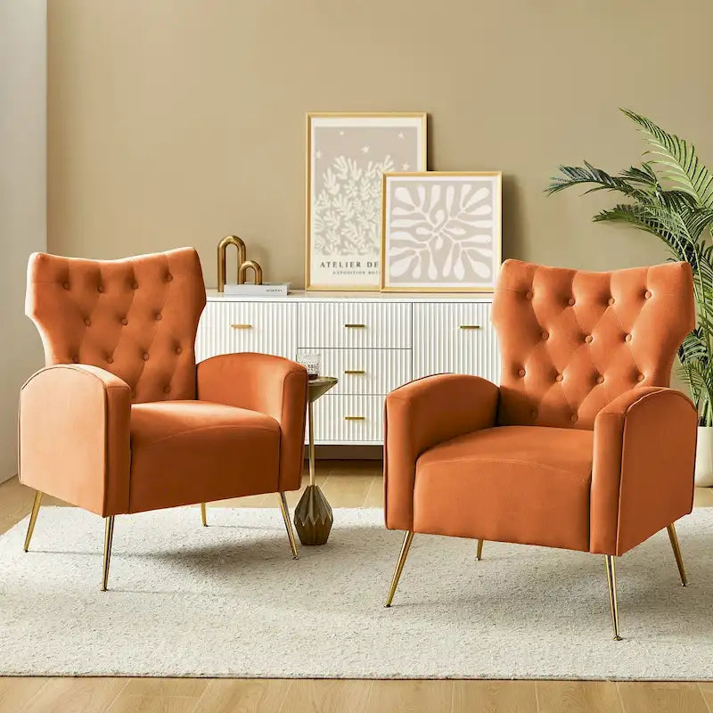 Danita Contemporary Velvet Wingback Tufted Chair With Gold Flared Metal Legs Set Of 2