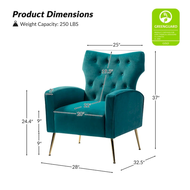 Danita Contemporary Velvet Wingback Tufted Chair With Gold Flared Metal Legs Set Of 2