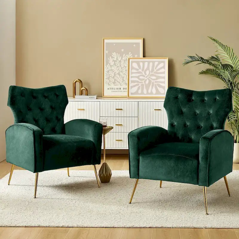 Danita Contemporary Velvet Wingback Tufted Chair With Gold Flared Metal Legs Set Of 2