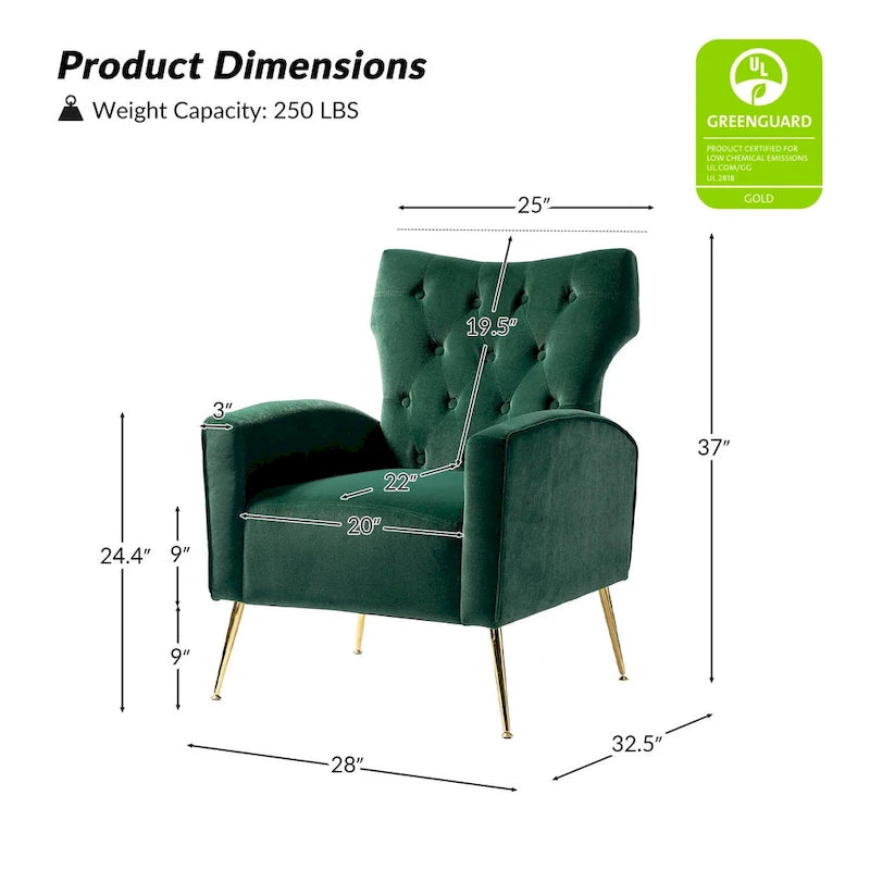 Danita Contemporary Velvet Wingback Tufted Chair With Gold Flared Metal Legs Set Of 2