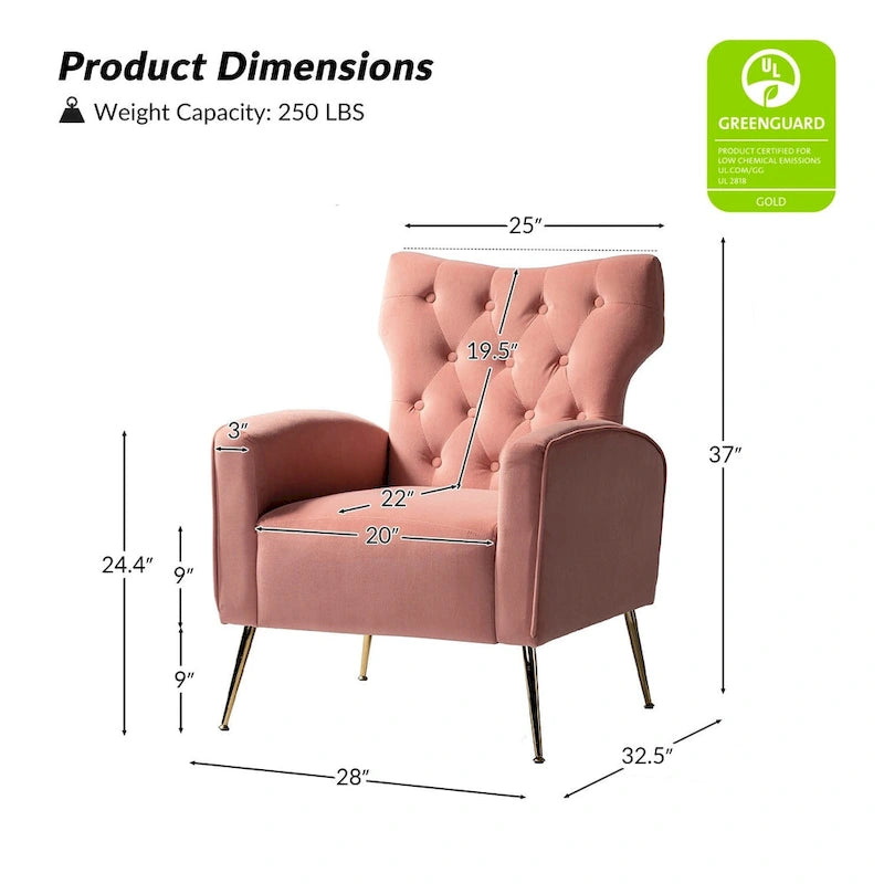 Danita Contemporary Velvet Wingback Tufted Chair With Gold Flared Metal Legs Set Of 2