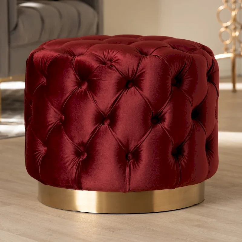 Velvet Tufted Ottoman with Brushed-Gold Base