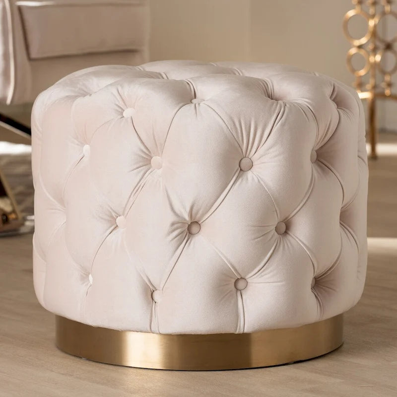 Velvet Tufted Ottoman with Brushed-Gold Base