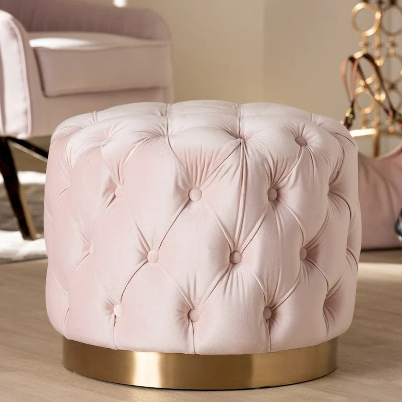 Velvet Tufted Ottoman with Brushed-Gold Base