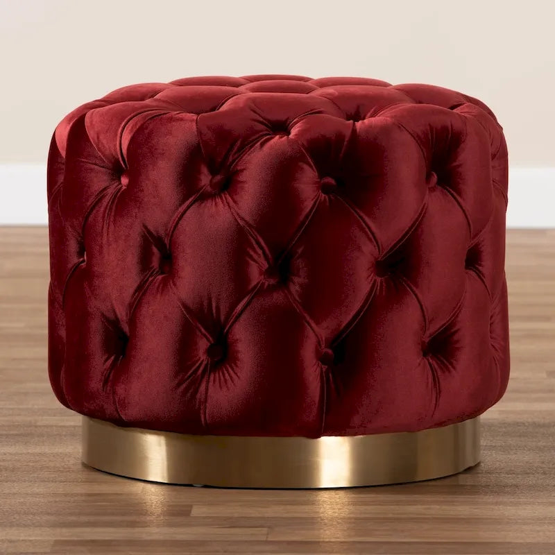 Velvet Tufted Ottoman with Brushed-Gold Base