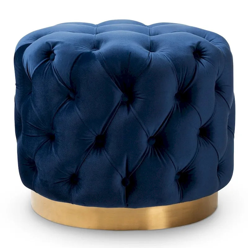 Velvet Tufted Ottoman with Brushed-Gold Base