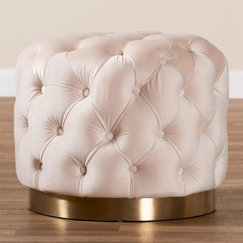 Velvet Tufted Ottoman with Brushed-Gold Base