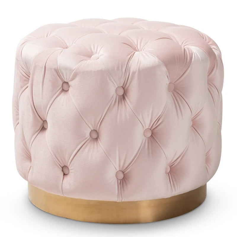 Velvet Tufted Ottoman with Brushed-Gold Base