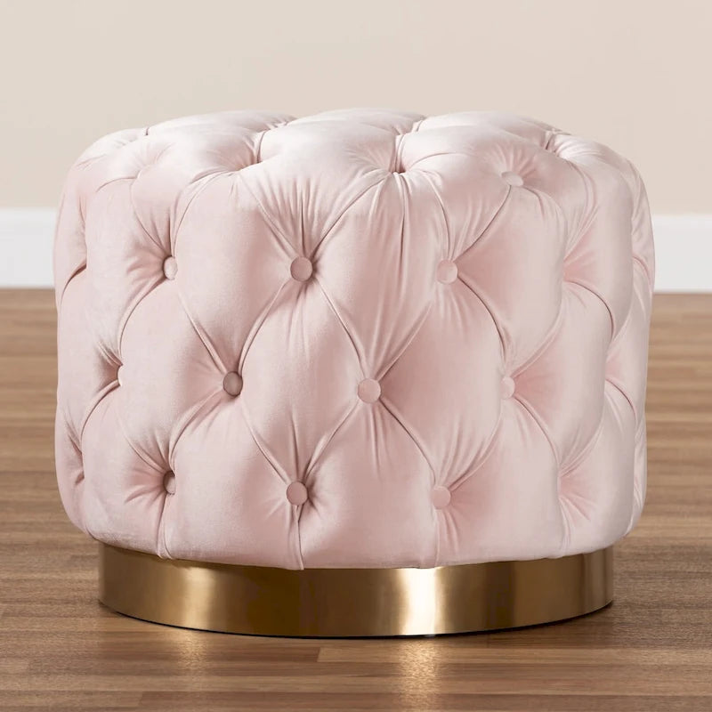 Velvet Tufted Ottoman with Brushed-Gold Base