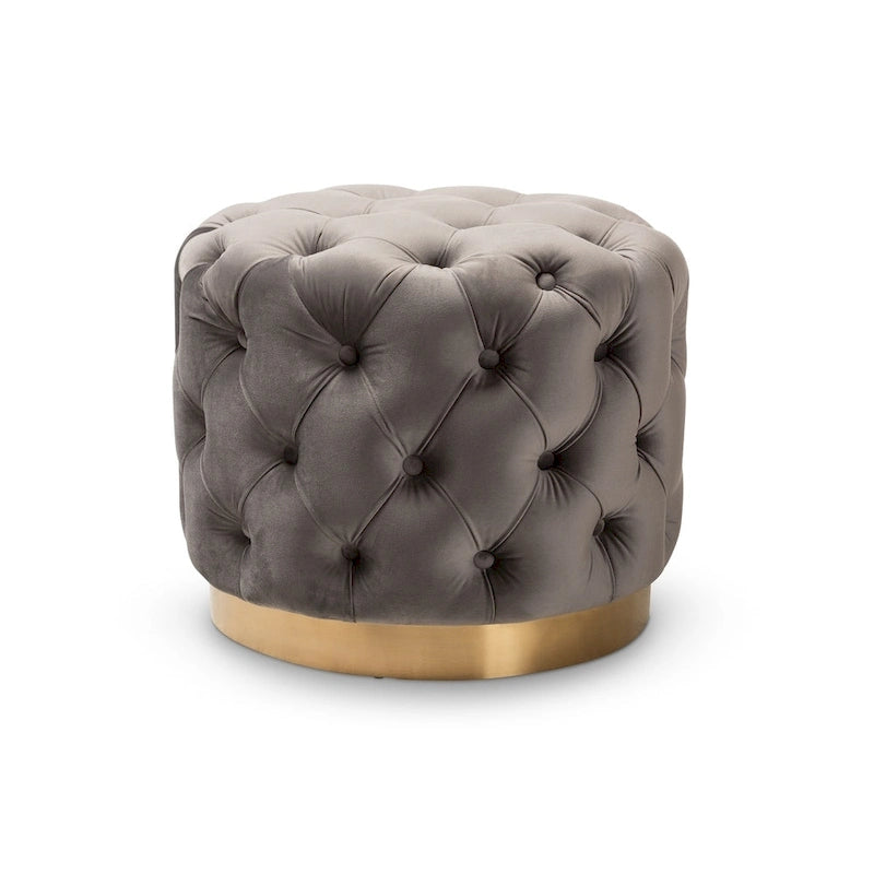 Velvet Tufted Ottoman with Brushed-Gold Base