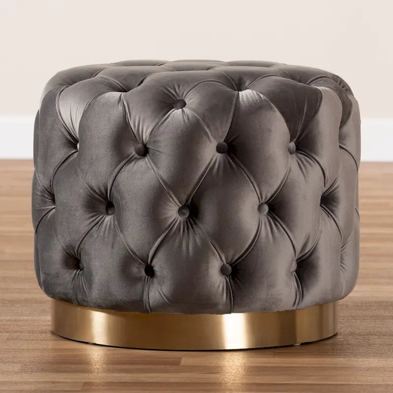 Velvet Tufted Ottoman with Brushed-Gold Base