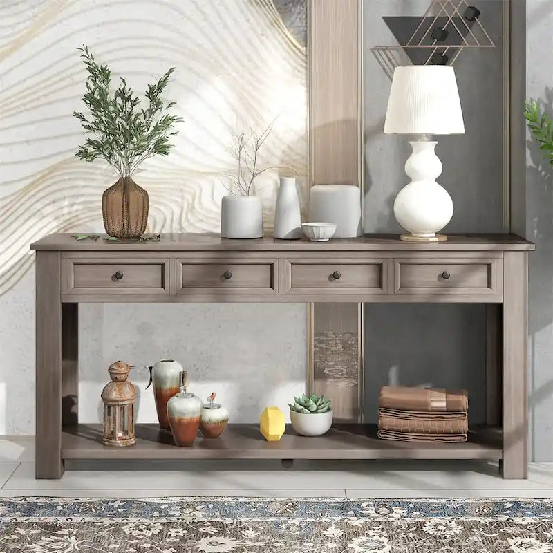 Rustic Console Table with Storage Drawers and Bottom Shelf