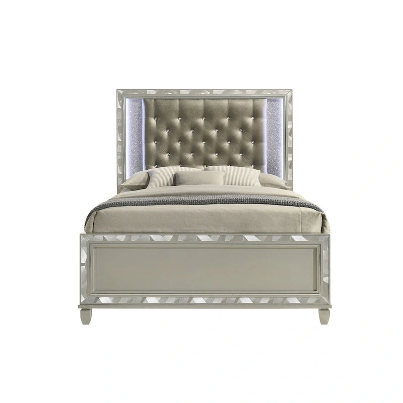 Deirde Gray And Sliver Bed with Tufted Headboard