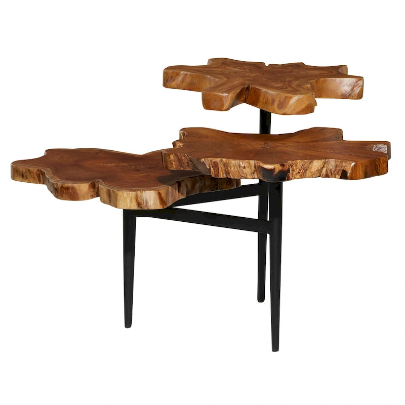 Teak Wood Handmade Live Edge 3 Tier Accent Table with Black Base - Brown- 36W x 34L x 24H