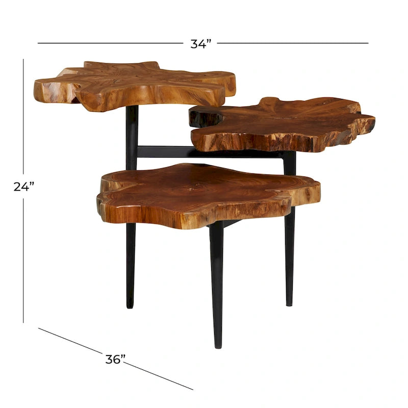 Teak Wood Handmade Live Edge 3 Tier Accent Table with Black Base - Brown- 36W x 34L x 24H